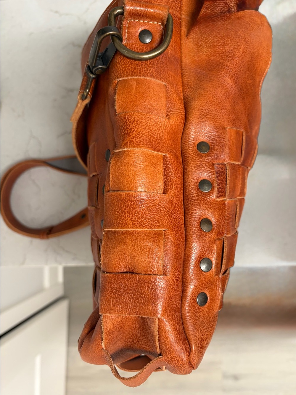 BED|STU Orchid Woven Leather Shoulder Crossbody Handbag in Cognac - Picture 11 of 15